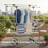 Rolling Double-Bar Clothes Rack Extensible Rod Drying Stand Easy to Assemble
