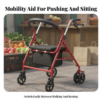 Long-Lasting Steel Frame Elderly Shopping Cart Mobility Aid Underseat Storage Walking Aid with Seat and Basket Adjustable Height 4-Wheel Mobility Aid with Seat Double Braking System for Seniors, Daily Errands, Outdoor, Outdoors, Indoors