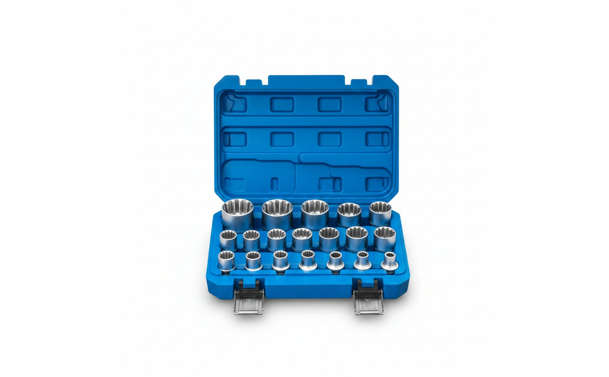 19 Pieces Serrated Socket Set with Case 12-Point Serrated Socket Set Metric Sockets for Amateur Mechanics, Garage, Workshop