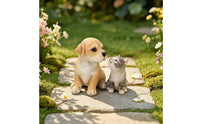 2 Pieces Puppy and Kitten Statue Outdoor Resin Garden Ornament Dog Statue Weatherproof Dog Figurine Hand-Painted for Pet Lovers