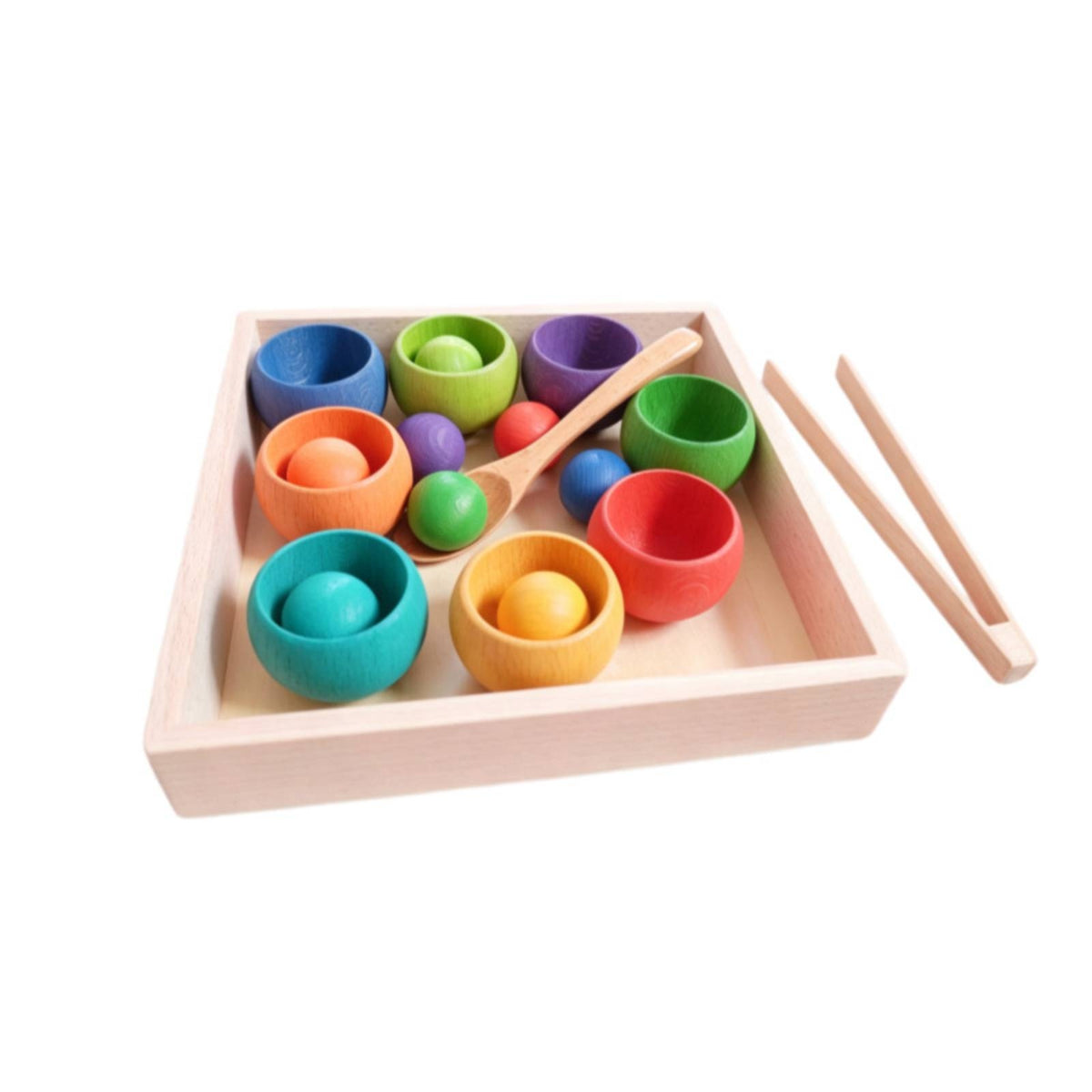 Balls in Cups Toy with Serving Utensil Educational Wooden Sorting Toy with Cups Rainbow Developmental Sorting Set Tray for Homeschool, Classroom