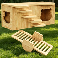 Stepped Platform Hamster Hideout House Natural Wood Wooden Hamster House Polished Finish Bear Cutout Hideout Rounded Edges for Enclosure Interior
