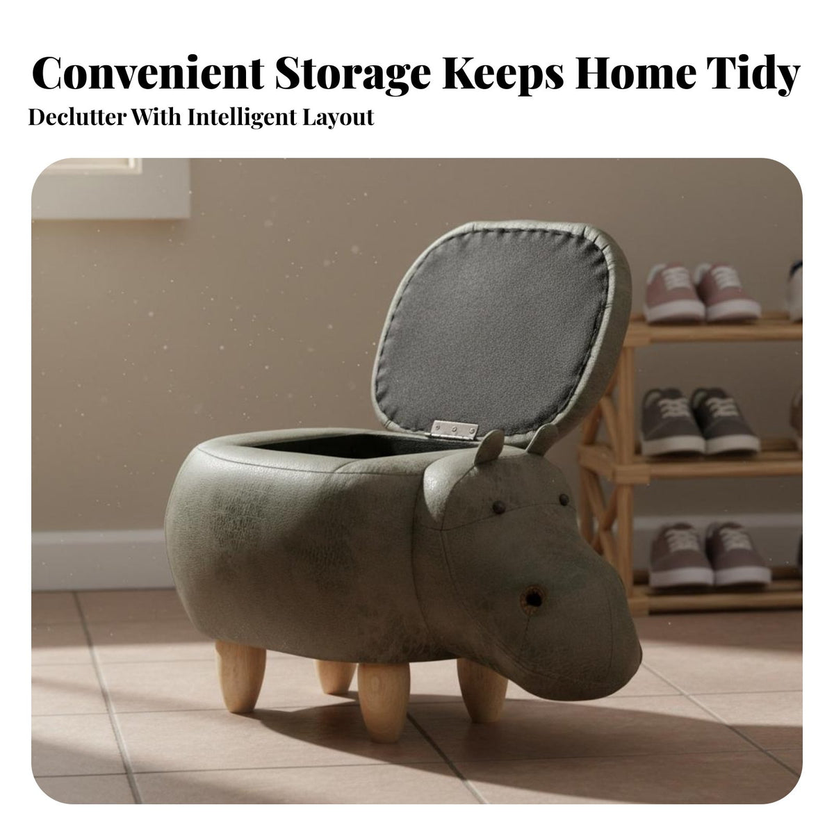 Cartoon Design Hippopotamus Storage Stool Multi-Functional Hippo Storage Ottoman Sturdy and Stable creatureShaped Seat Easy to Clean for Children, Families, Parents, Entryway, Living Room, Playroom, Bedroom