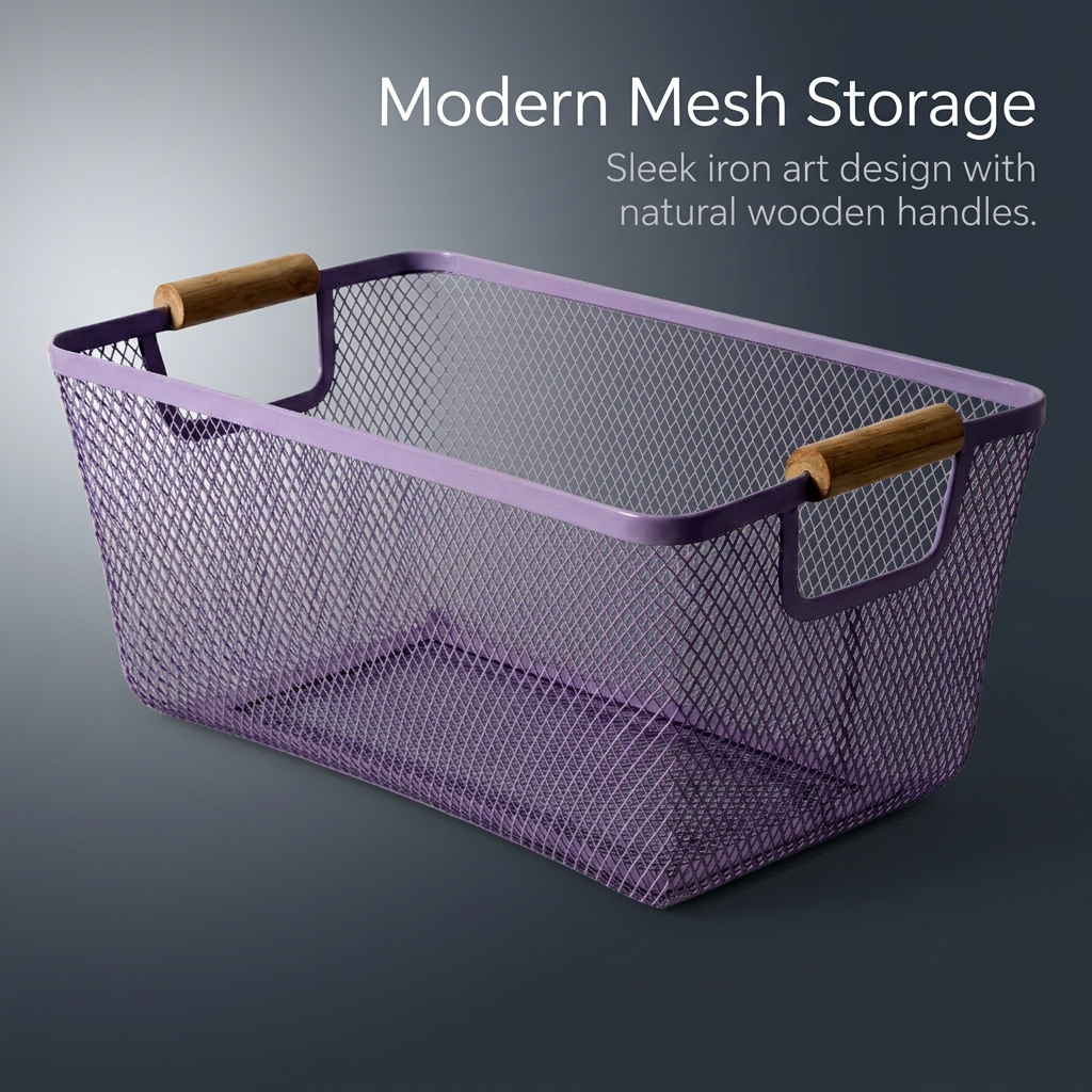 Metal Storage Basket with Wooden Handle, Hollow Mesh Organizer Basket for Kitchen & Office, Wire Basket for Storing Fruits & Supplies
