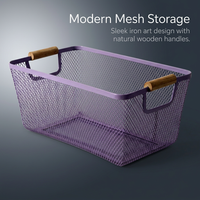 Metal Storage Basket with Wooden Handle, Hollow Mesh Organizer Basket for Kitchen & Office, Wire Basket for Storing Fruits & Supplies