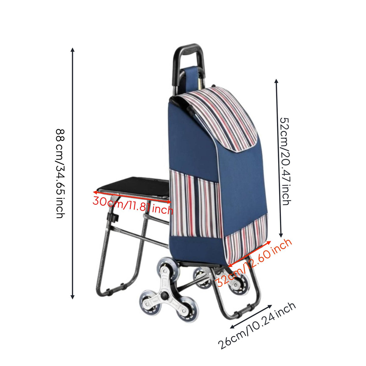 Ergonomic Handle Stair Climbing Trolley with Chair Large Capacity Rolling Grocery Trolley with Folding Seat for Elderly, Market