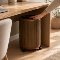 Wood Grain Round Trash Can with Wheels, Large Capacity Household Waste Bin