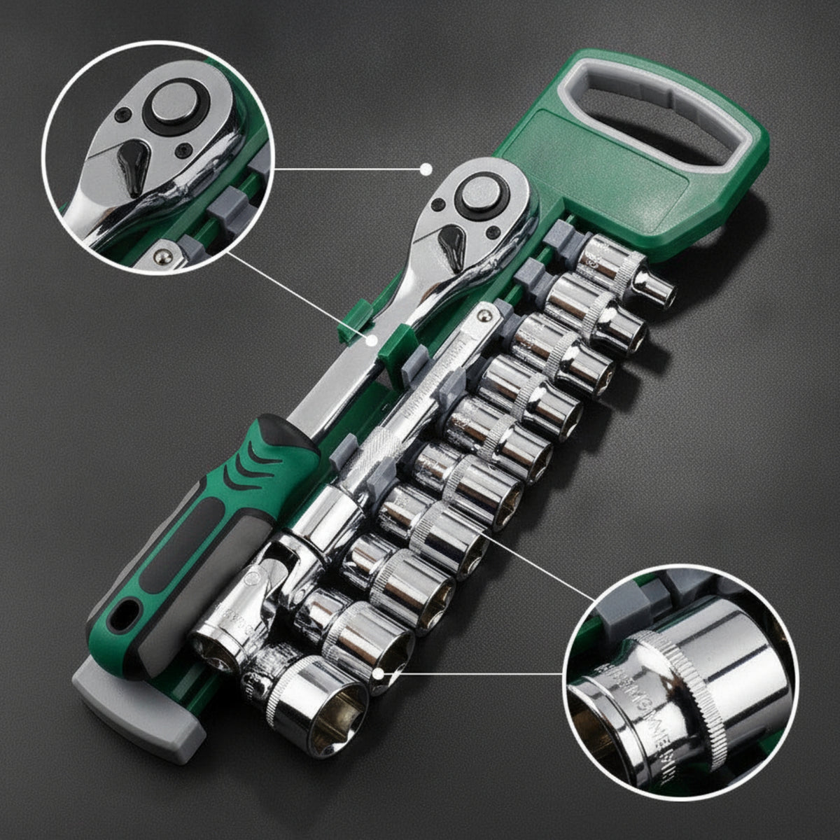 13 Pieces Reversible Socket Wrench Set with Quick Ratchet Handle Polished Socket Wrench Set with Universal Joint Compact Tool Manual for Mechanics