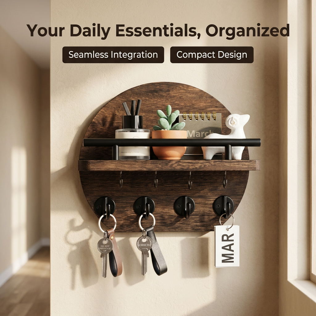 Key Holder Wood Tray Wall Mounted Key Holder Wall Modern Minimalist Key Rack for Entryway Organizer, Round Wood Entryway Organizer