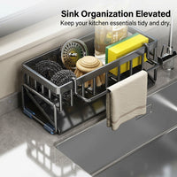 Bathroom Sink Organizer with Sloped Drain Rack for Home Kitchen, No-Drill Under Storage for Sponges & Brushes, Integrated Dishcloth Bar, Tidy Solution