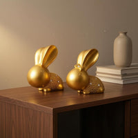Hare Statues Pair Shiny Look Seated Bunny Figurines Stable Base Golden-Hare Figurines for Cabinet