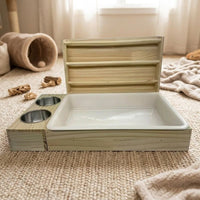 Triple-function Hay Rack and Wooden Hay Feeder with Litter Pan, Stainless Steel Food Bowl for Chinchilla, Flat Base Hay Rack Design