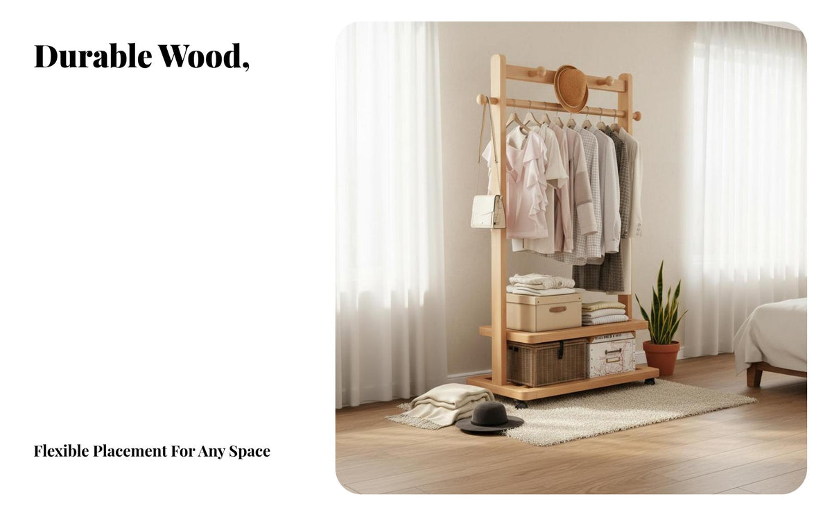 Solid Wood Construction Wooden Clothes Rack with Shelves Mobile Design Clothing Rack with Shelves Multifunctional Bedroom Clothes Hanging Stand Space-Saving for Renters, Students, Homeowners, Entryway, Dorm Room, Walk-in Closet