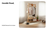 Solid Wood Construction Wooden Clothes Rack with Shelves Mobile Design Clothing Rack with Shelves Multifunctional Bedroom Clothes Hanging Stand Space-Saving for Renters, Students, Homeowners, Entryway, Dorm Room, Walk-in Closet