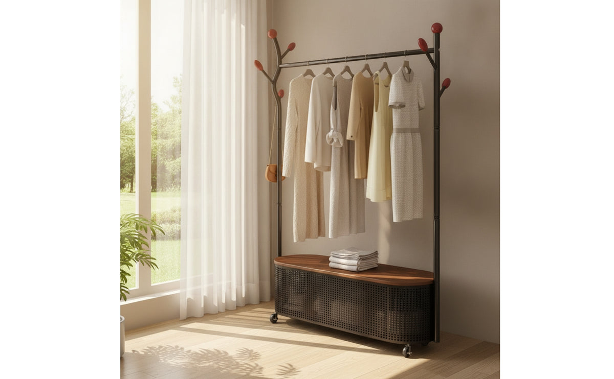 Mobile Clothes Rack with Cabinet Versatile Clothes Rack with Wheels Portable Coat Hanger Stand Floor-Standing for Bedroom, Entryway, Foyer