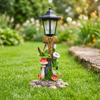 Welcome Statue with Hummingbirds Outdoor Garden Ornament with Solar Lantern