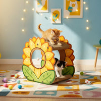 Floral Cat Scratcher House 2-Tier Cardboard Cat Lounger Includes Suspended Toy Toy Corrugated Scratch Pad for Multiple Cats
