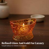 Windproof Design Glass Yuanbao Candle Holder Auspicious Symbol Sycee Shaped Tea Light Holder for Buddhists, Home Decorators, Meditation Room