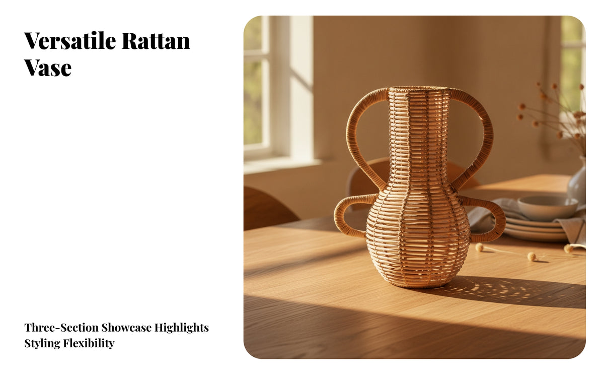 Boho Rattan Vase with Handles | warm beige finish, Handwoven Flower Vase, for Shelf Display