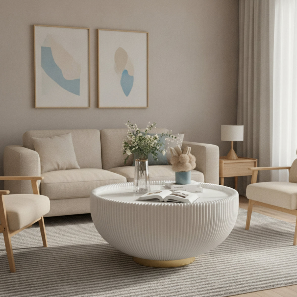 Bowl Coffee Table Contemporary Fluted Coffee Table Low Profile Furniture for Living Room, Lounge