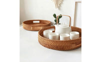 2 Pieces Rattan Tray with Handles Round Rattan Serving Tray Easy to Carry for Home Decor