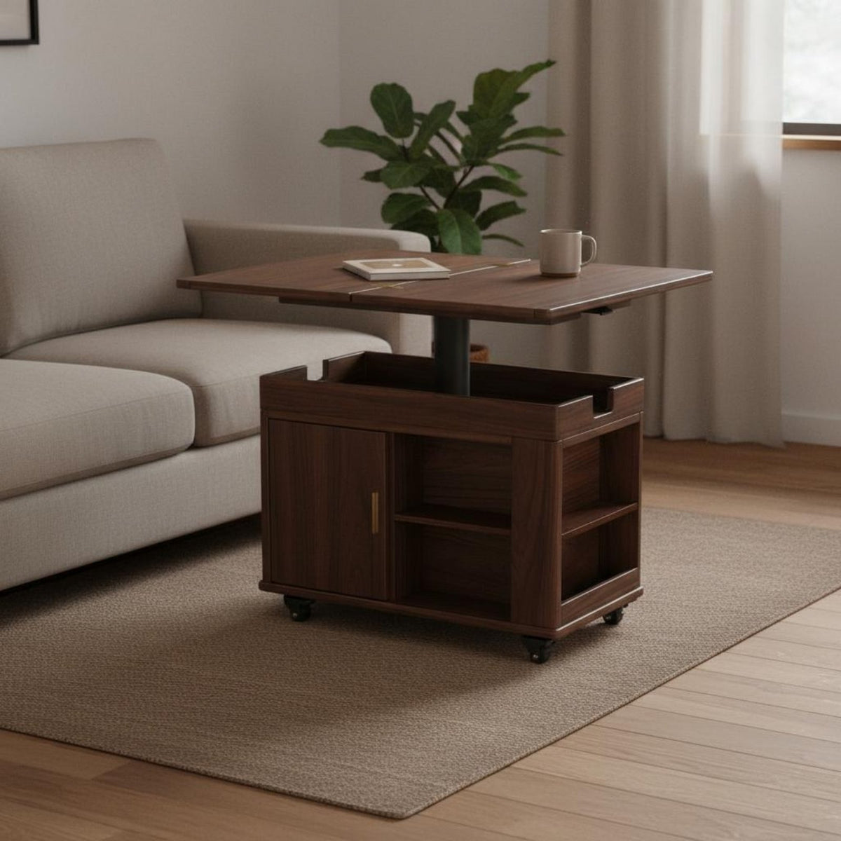 Convertible Elevating Top Trolley Mobile with Casters Side Table Rolling Design Storage Cart for Home Entertainers, Families, Living Room, Bedroom