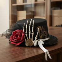 Skeleton Hand Gothic Steampunk Hat Gear Accents Gothic Top Hat Textile Rose Costume Accessory