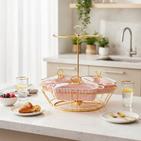 Marble-Style Rotating Casserole Server Gold-Tone Casserole Dishes with Stand Ceramic Buffet Set Space-Saving for Families