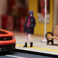 Red Scarf Girl Miniature Resin Material Woman in Black Coat Figurine