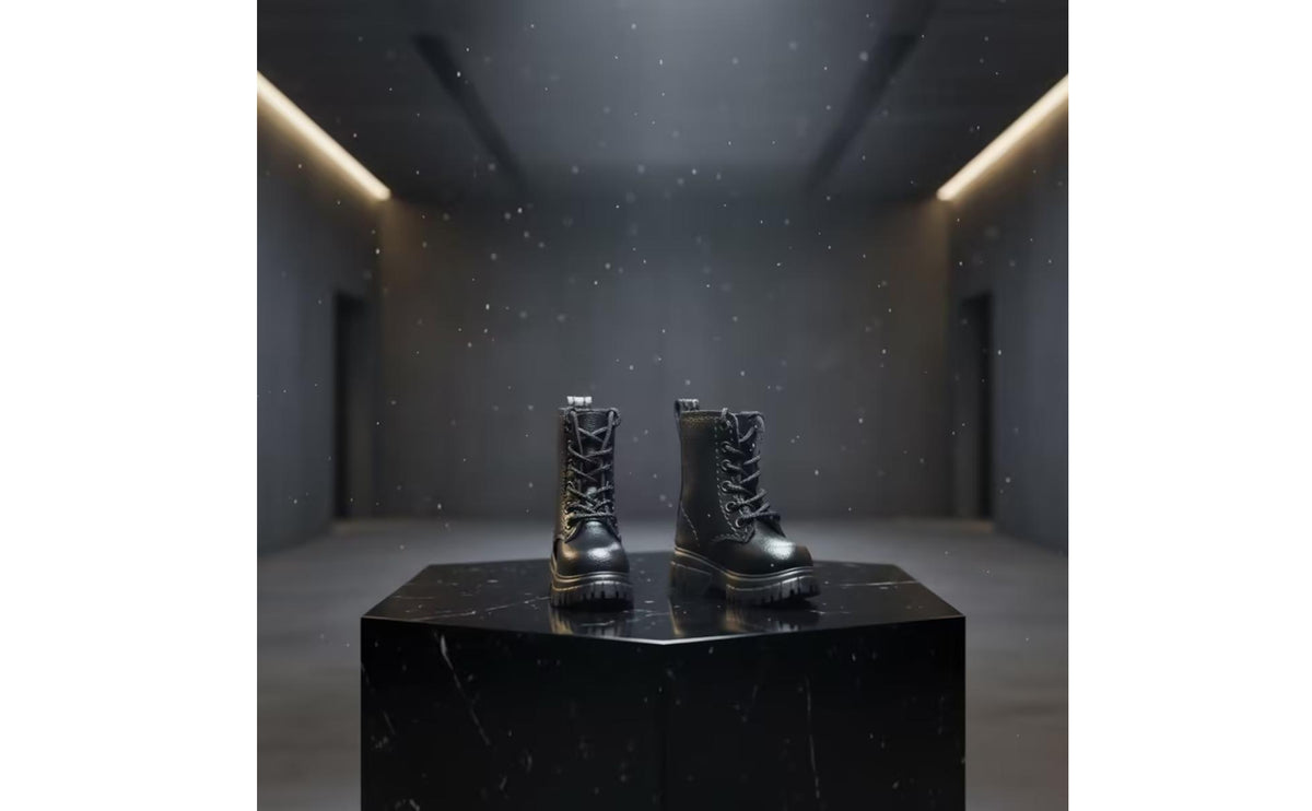 Treaded Sole Black Mid Calf Boot Stitched Panels Black Lace-up Boots Pull Loops Mid-Calf Boots