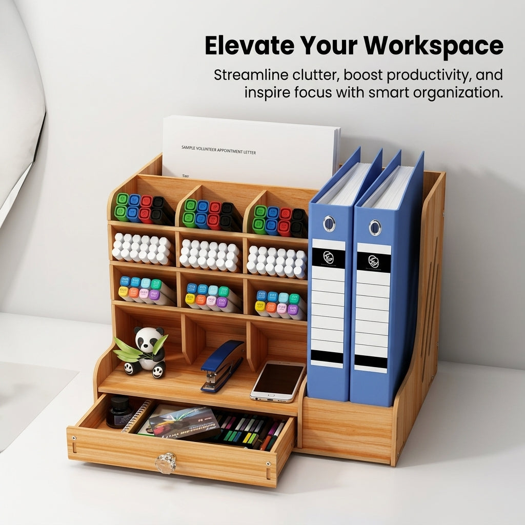 Desk Storage with Pen Holder, File for A4 Documents and Books, Multi-Compartment Desktop Organiser for Home Office Accessories