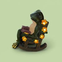 Frog Rocking Chair Figurine Rustic Wood-Tone Solar Frog Ornament Decorative