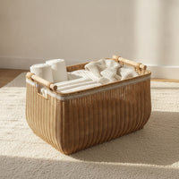 Basket with Wooden Handles Rectangular Rattan Style Basket Open-Top Storage Container Box for Shelves, Closet, Living Room