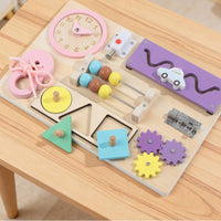 Natural Wood Educational Busy Board Hands-on Wooden Busy Board Pink-Accented Interactive for Toddlers, Preschoolers, Early Learning