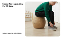 Woven Pouf Solid Wood Frame Round Rattan Ottoman Boho Footstool for Entryway, Balcony