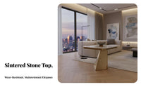 Light Luxury Aesthetic Geometric Base Side Table Italian design Geometric Pedestal Table Stone-Look Top Living Room Furniture multi-functional Use for Interior Designers, Apartment Dwellers, Homeowners, Balcony, Small Spaces, Bedroom, Entryway