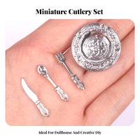 4 Pieces Miniature Plate and Cutlery Set DIY Craft Accessory Miniature Plates and Shiny Ware Set Realistic Design Hobby Supply for Hobbyists, Dioramas