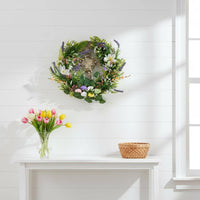Lavender Welcome Wreath Colorful Eggs Easter Egg Door Hanger Artificial Flowers Spring Floral Wreath for Christians, Porch