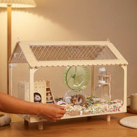 Acrylic Hamster Cage Villa with Mixed Color Wood Landscape and Acrylic Window, Transparent Hamster Cage with Openable Top for Winter Heating Lamp