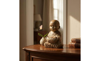 Carved Robe Folds Bronze Monk Candle Holder Polished Bald Head Seated Monk Figurine Compact Lotus Cup Statue Ornamental for Desktop