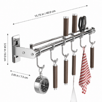 Kitchen Wall Rack, Silver Alloy Double Rod Utensil Rail with Movable Hooks, Wall Mounted Utensil Holder for Pots & Lids