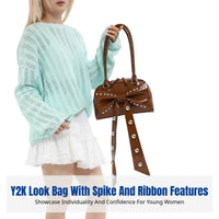 Y2K Bowling Bag, PU Leather Shoulder Bag, Studded Bowknot Accent, Trendy Summer Handbag for Women