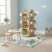 Solid Wood Rotating Bookshelf Space Saving Kids Book Organizer Multifunctional 360 Degree Book Shelving Unit Large Capacity for Students, Toddlers, Living Room, Kindergarten, Playroom