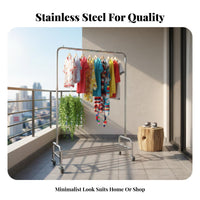 With casters Wheeled Garment Rack Portable Single Rail Rolling Rack Space-Saving Clothes Stand Multi-Purpose for Boutdoorique Owners, Homeowners, Balcony, Retail establishment, Laundry Room, Entrypath