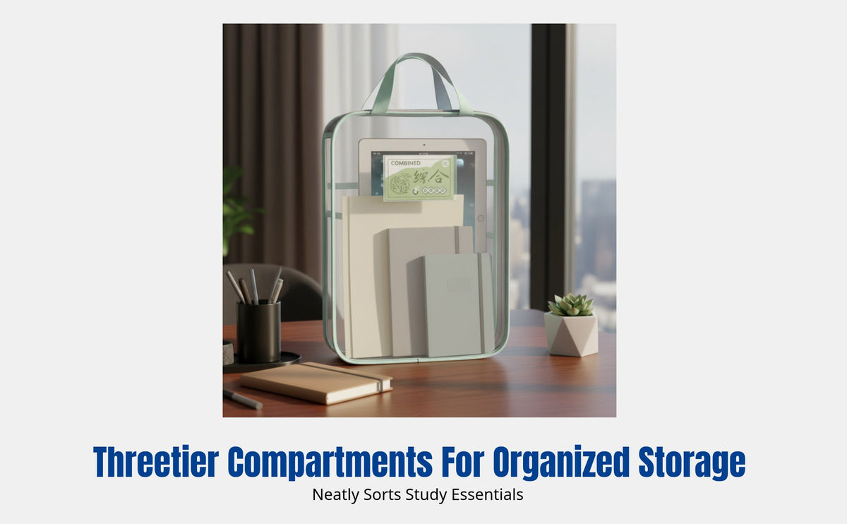 L-Shaped Subject Classification File Bag, Transparent Mesh Fastener Organizer, Multi-Compartment Storage for Exam Papers