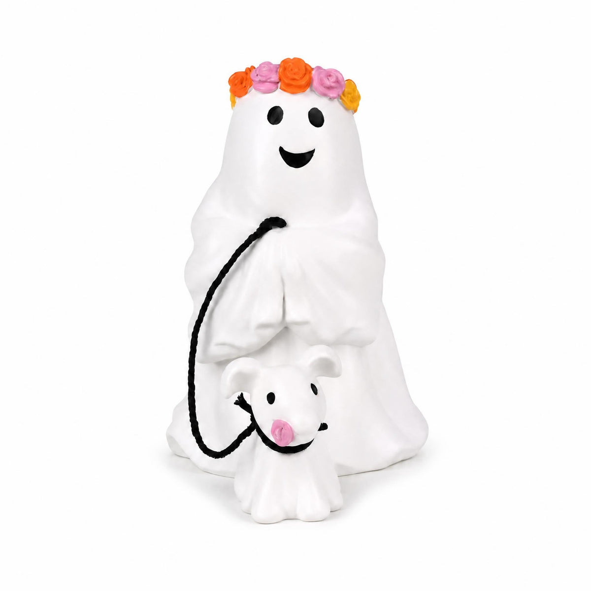 Resin Ghost Animal Leash Ornament Smiling Face Ghost Flower Crown Figurine Smooth Molded Seasonal Decoration Festive