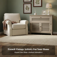Distressed Finish Louvered Door Console French Country Design Storage Cabinet Retro aesthetic Home Furnishing sturdy Construction for Interior Decorators, Homeowners, Adults, Bedroom, Living Room, Entryway, Kitchen