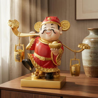 Wealth Ornament Red and Gold Finish Fortune God Figurine Stable Base Home Decor