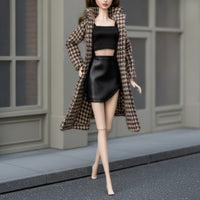 Houndstooth Doll Coat with Skirt Faux Leather Fashion Doll Clothes Miniature High-Quality for Children