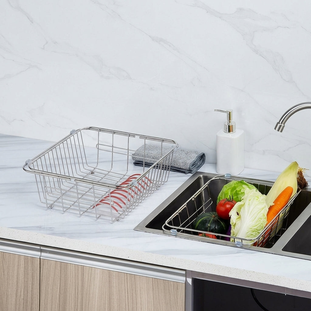 Extendable Dish Rack and Kitchen Sink Rack, Stainless Steel Sink Organiser and Bowl Rack, Space Saving In-Sink Design for Apartment Kitchens